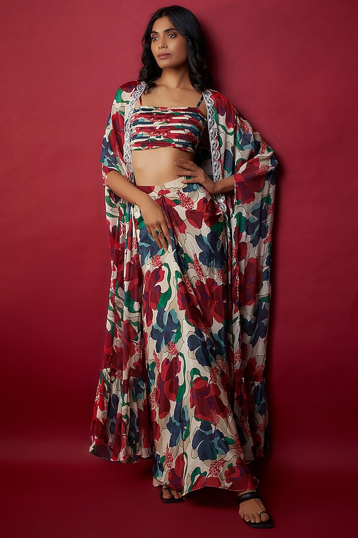 Ivory Crepe Silk Digital Printed Skirt Set by Kashmiraa at Pernia's Pop Up Shop
