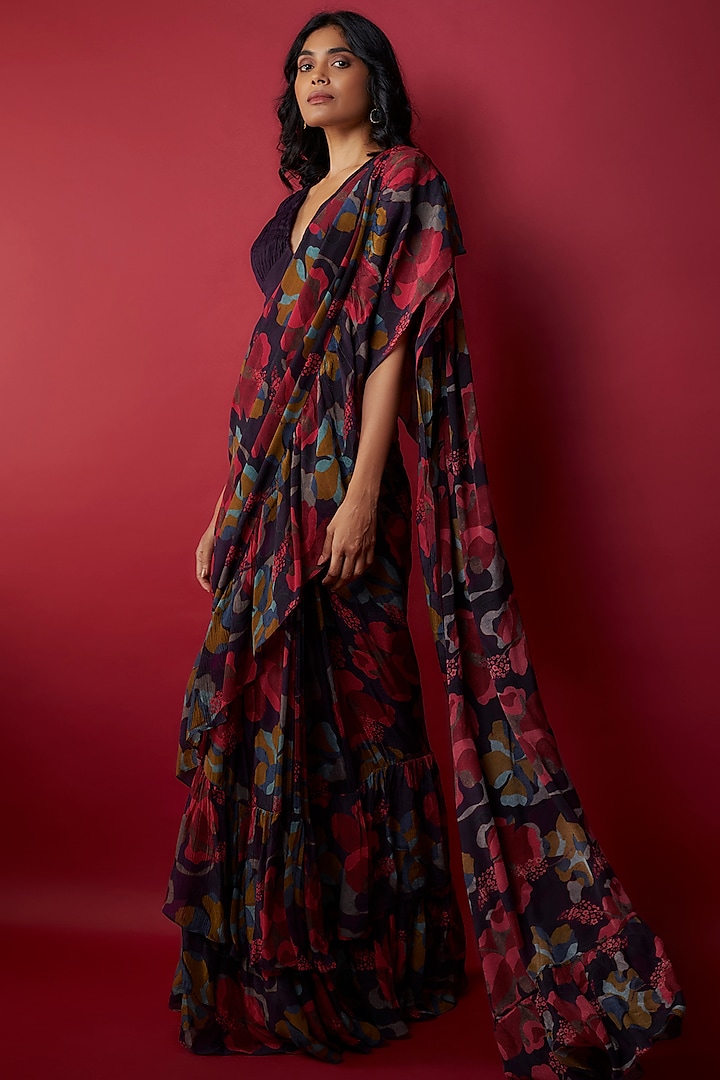 Purple Chinon Chiffon Digital Printed Frilled Saree Set by Kashmiraa at Pernia's Pop Up Shop