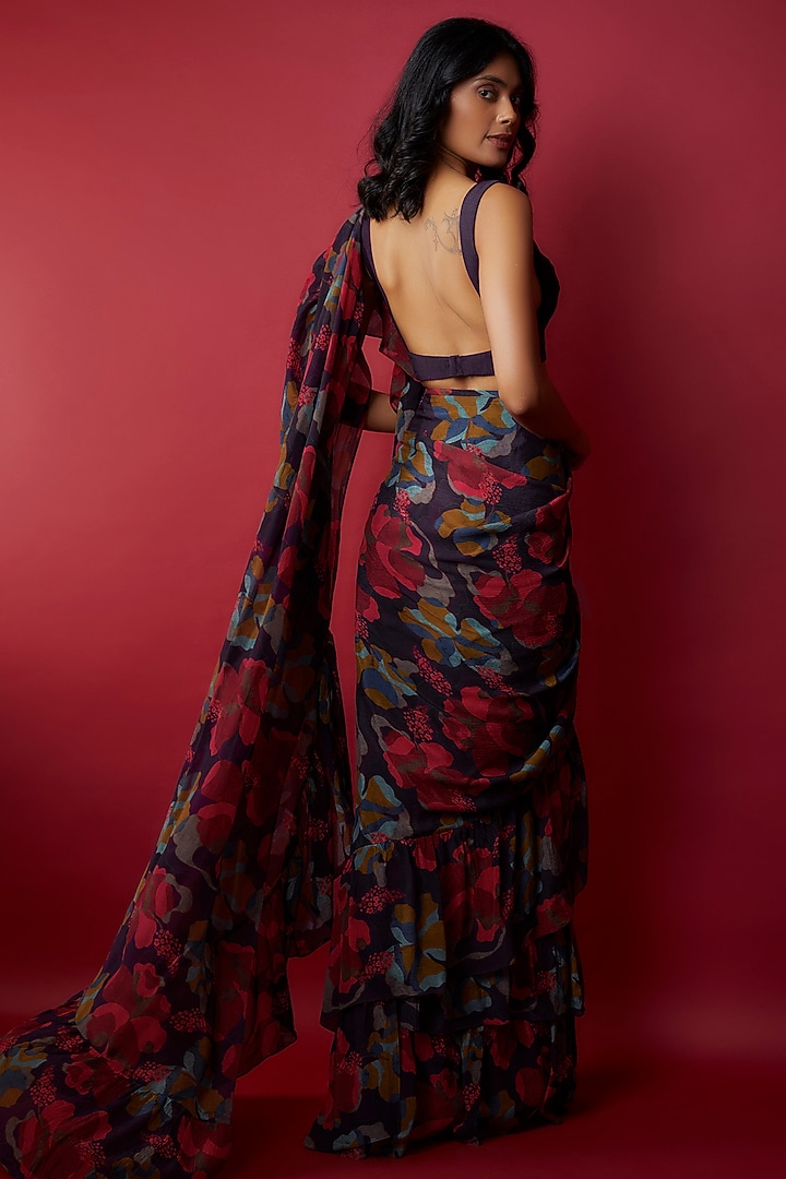 Purple Chinon Chiffon Digital Printed Frilled Party Wear Saree Set by Kashmiraa at Pernia's Pop Up Shop