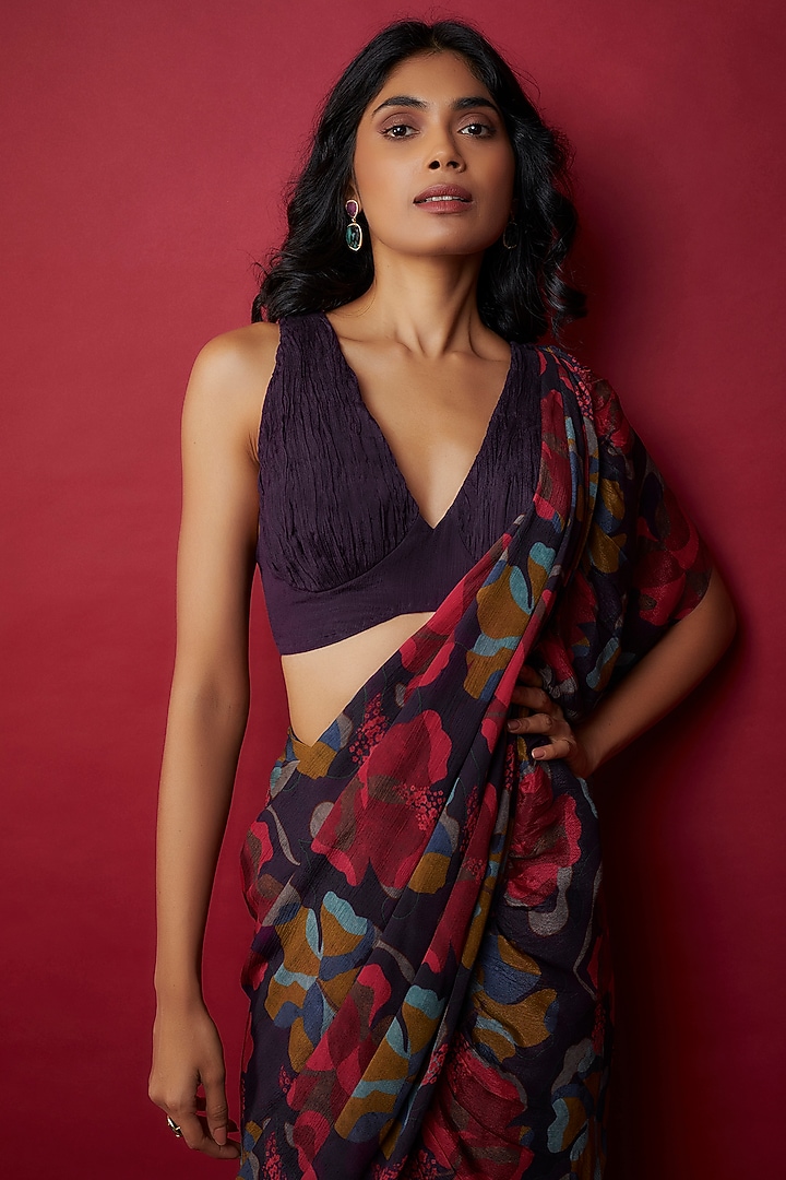 Purple Chinon Chiffon Digital Printed Frilled Party Wear Saree Set by Kashmiraa at Pernia's Pop Up Shop
