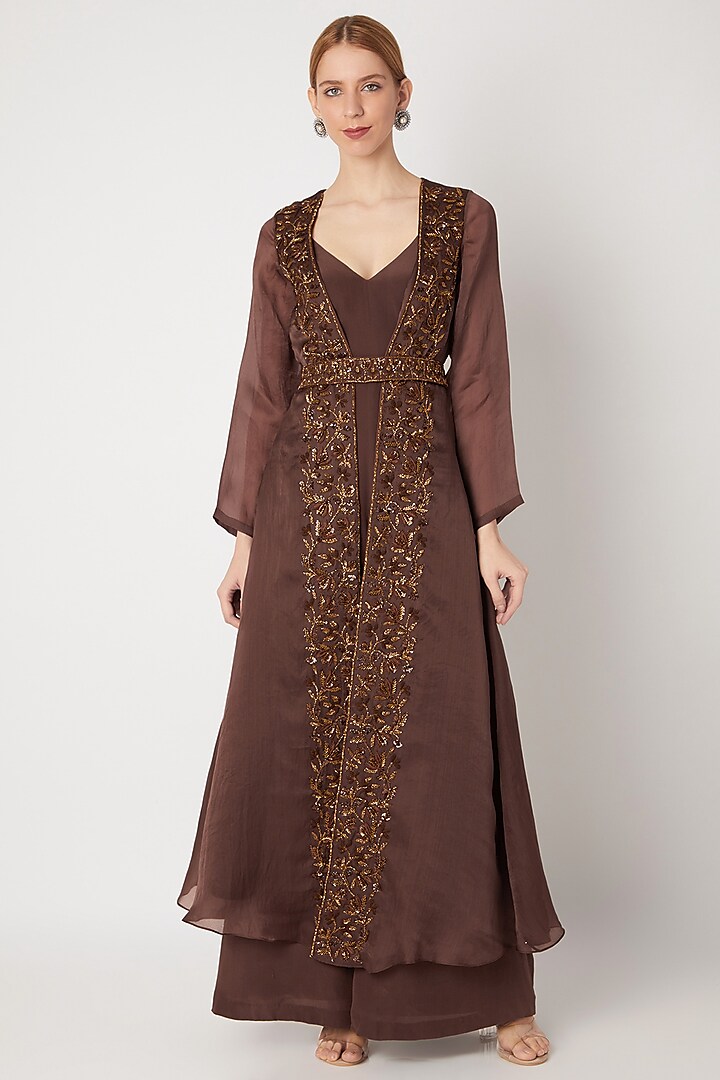 Brown Embroidered Cape With Jumpsuit by Kashmiraa