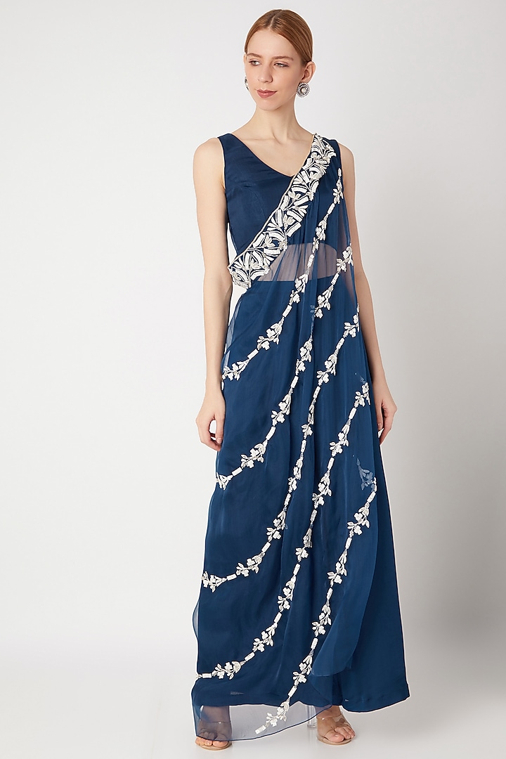 Cobalt Blue Embroidered Draped Blouse With Pants by Kashmiraa