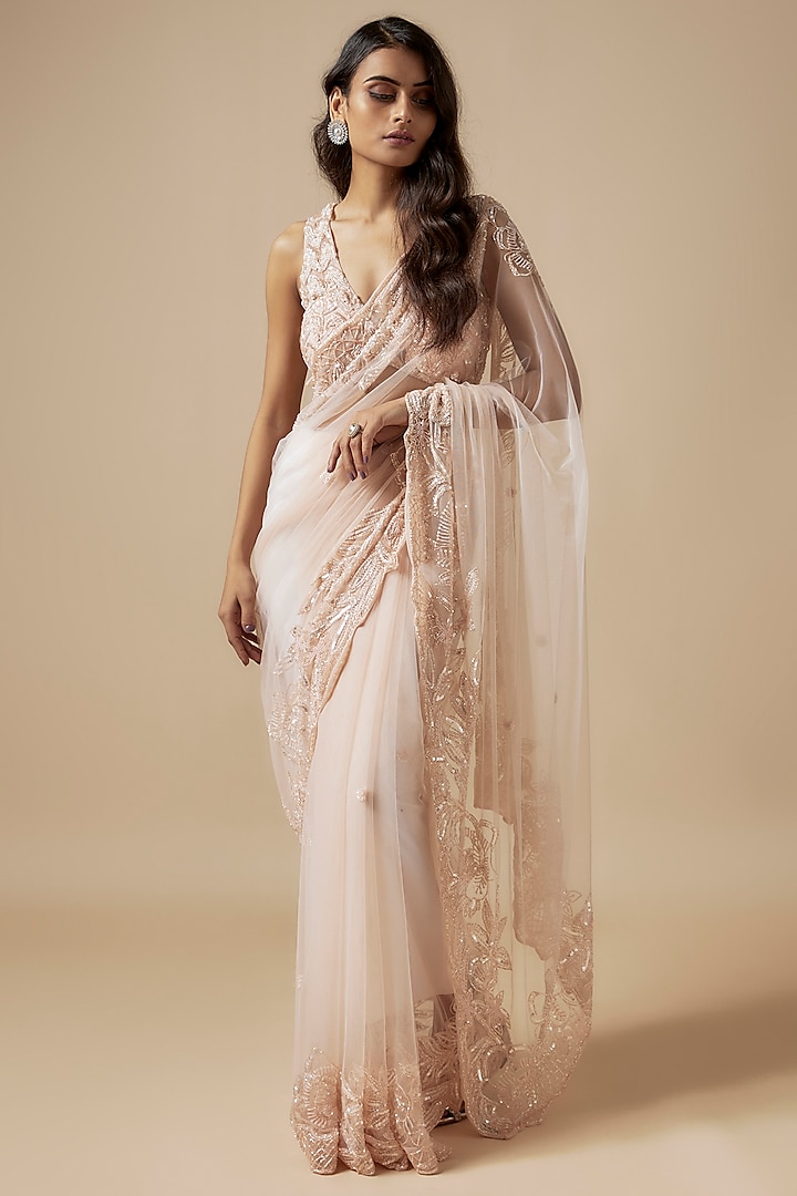 Peach Net Cutdana Embroidered Saree Set by Kashmiraa at Pernia's Pop Up Shop