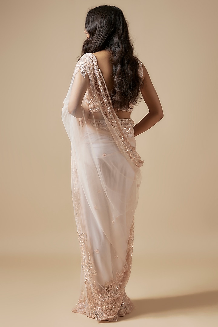 Peach Net Cutdana Embroidered Wedding Saree Set by Kashmiraa at Pernia's Pop Up Shop