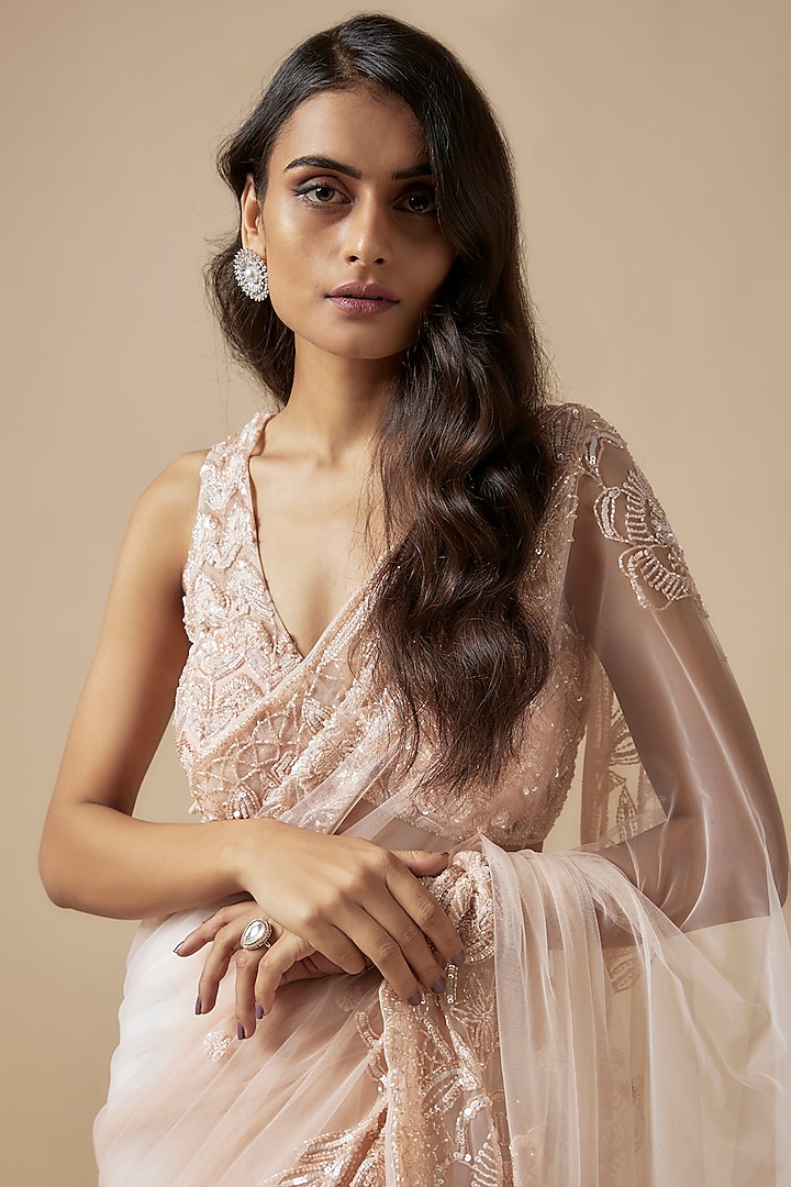 Peach Net Cutdana Embroidered Wedding Saree Set by Kashmiraa at Pernia's Pop Up Shop
