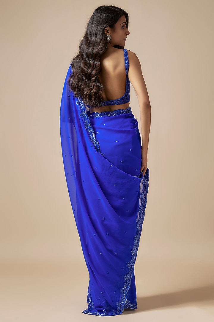 Blue Georgette Cutdana Embroidered Wedding Saree Set by Kashmiraa at Pernia's Pop Up Shop