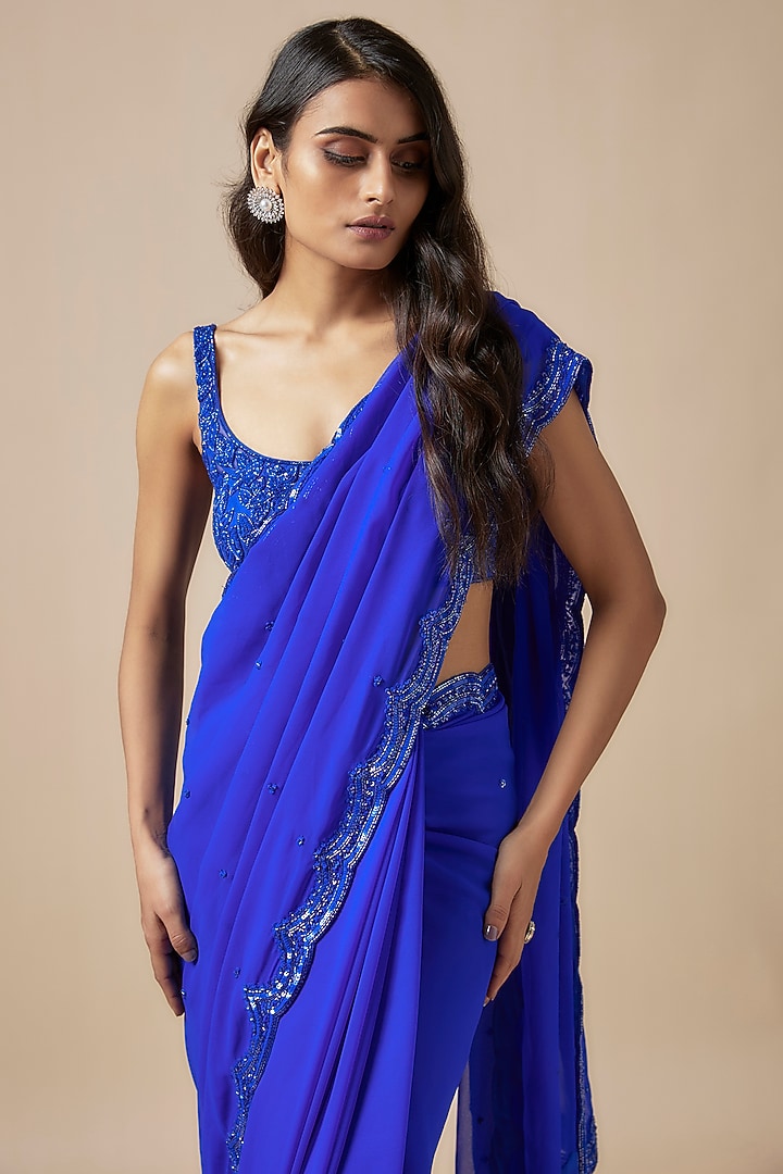 Blue Georgette Cutdana Embroidered Wedding Saree Set by Kashmiraa at Pernia's Pop Up Shop