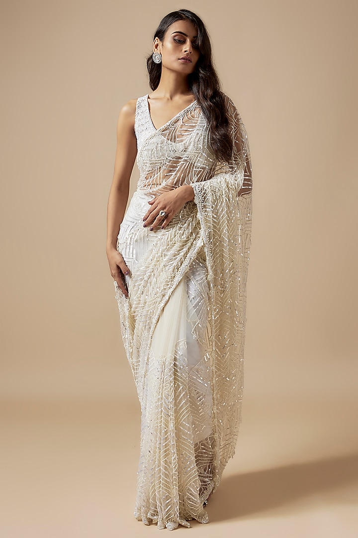 Ivory Net Cutdana Embroidered Reception Saree Set by Kashmiraa at Pernia's Pop Up Shop