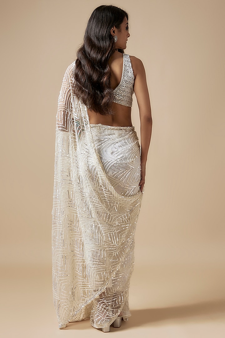 Ivory Net Cutdana Embroidered Reception Saree Set by Kashmiraa at Pernia's Pop Up Shop