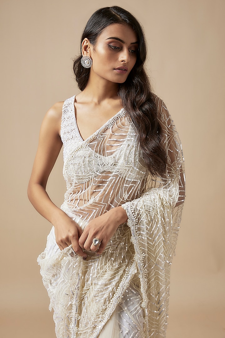 Ivory Net Cutdana Embroidered Reception Saree Set by Kashmiraa at Pernia's Pop Up Shop