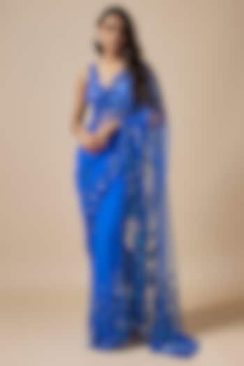 Blue Net Cutdana Embroidered Wedding Saree Set by Kashmiraa at Pernia's Pop Up Shop