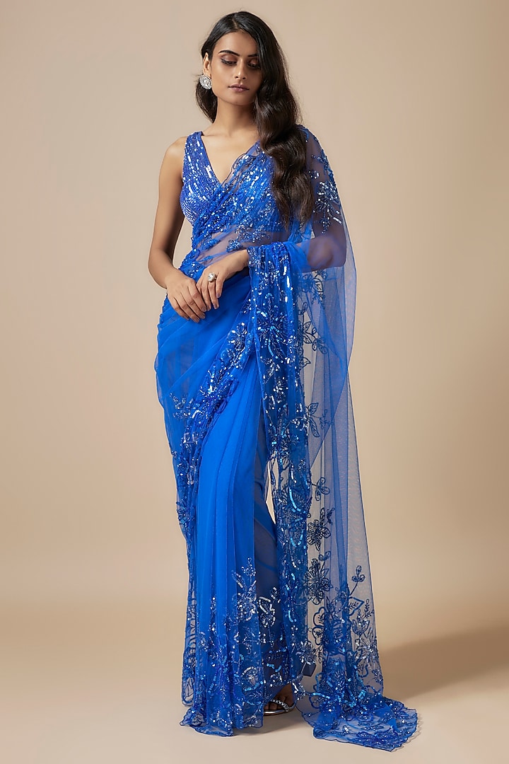Blue Net Cutdana Embroidered Wedding Saree Set by Kashmiraa at Pernia's Pop Up Shop