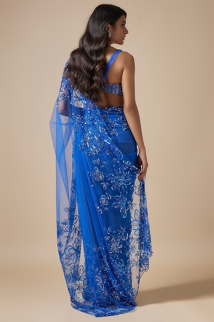 Blue Net Cutdana Embroidered Wedding Saree Set by Kashmiraa at Pernia's Pop Up Shop