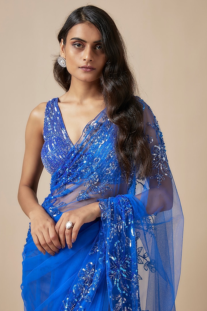 Blue Net Cutdana Embroidered Wedding Saree Set by Kashmiraa at Pernia's Pop Up Shop