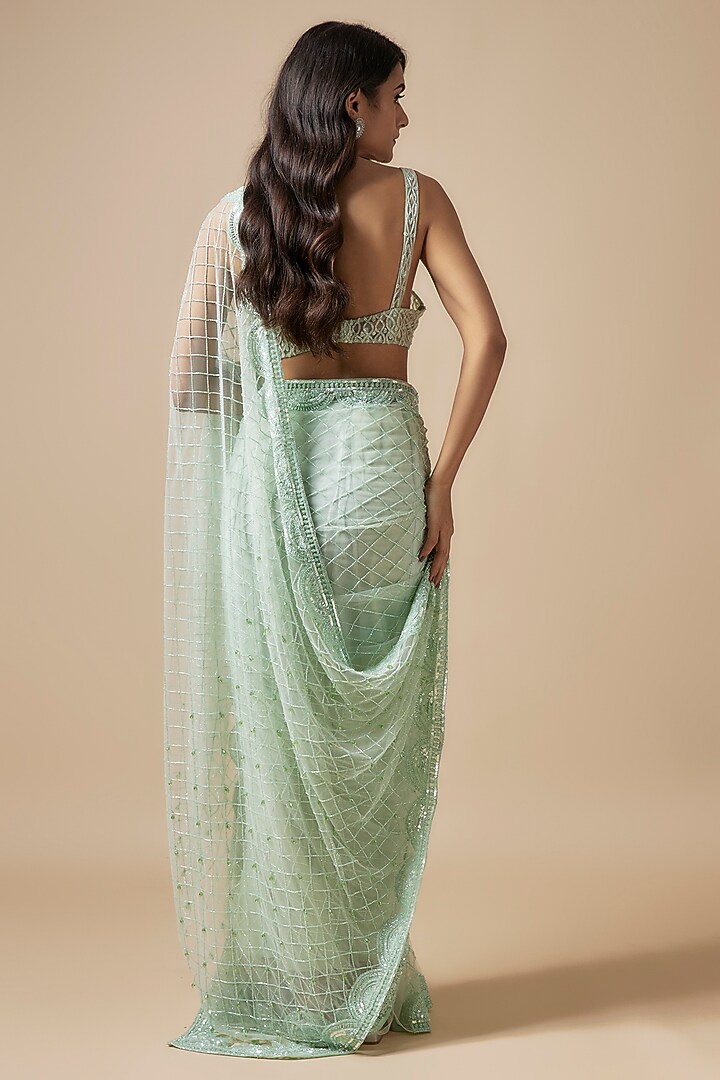 Green Net Cutdana Embroidered Reception Saree Set by Kashmiraa at Pernia's Pop Up Shop
