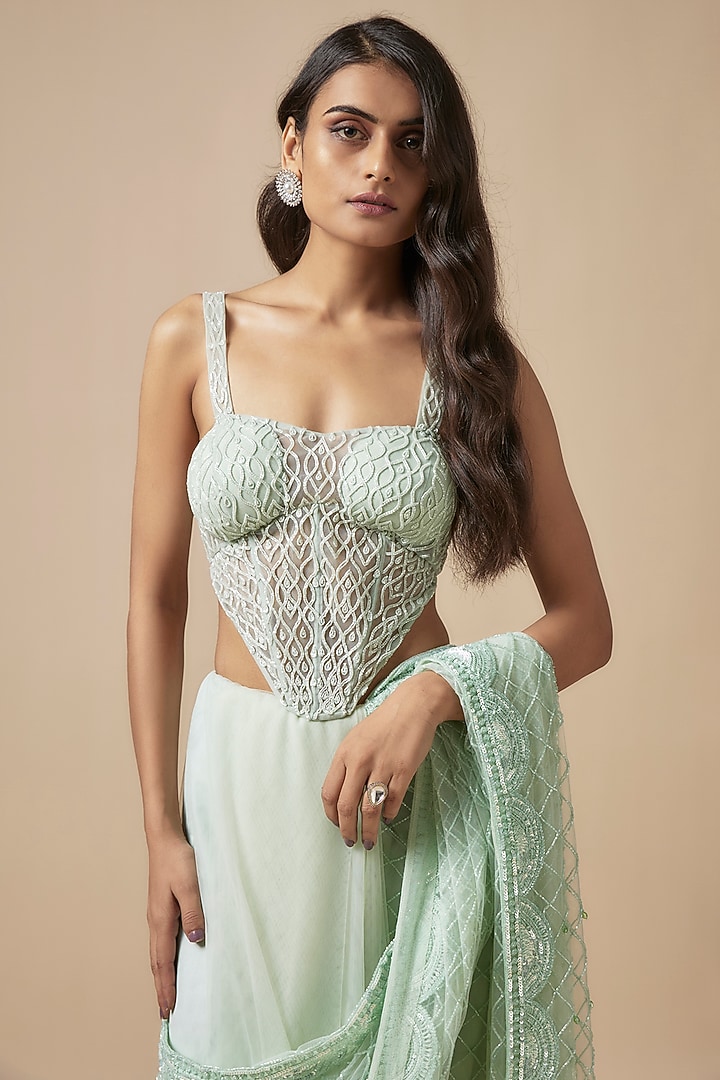 Green Net Cutdana Embroidered Reception Saree Set by Kashmiraa at Pernia's Pop Up Shop