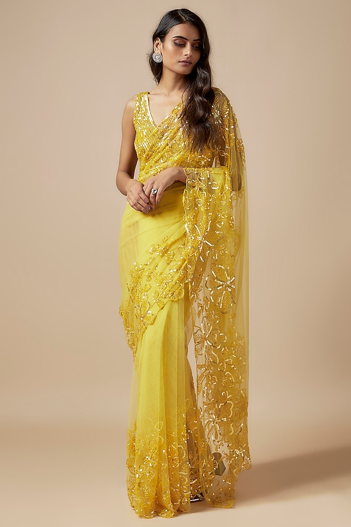 Yellow Net Cutdana Embroidered Saree Set by Kashmiraa