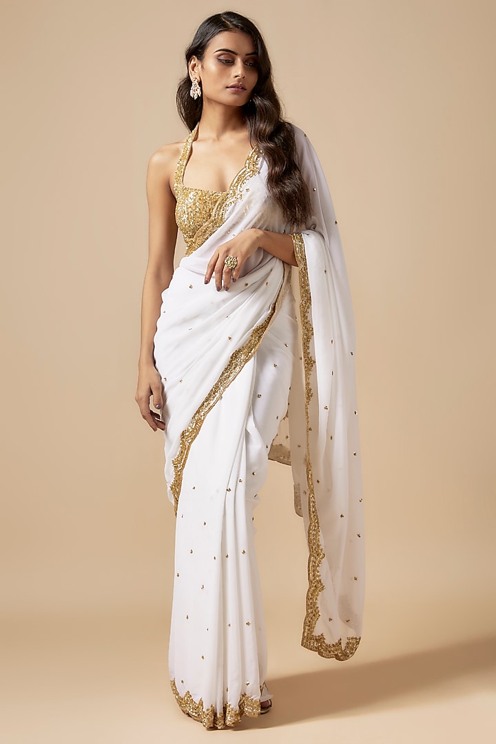 Ivory Georgette Cutdana Embroidered Saree Set by Kashmiraa