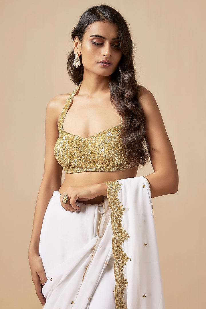 Ivory Georgette Cutdana Embroidered Wedding Saree Set by Kashmiraa at Pernia's Pop Up Shop