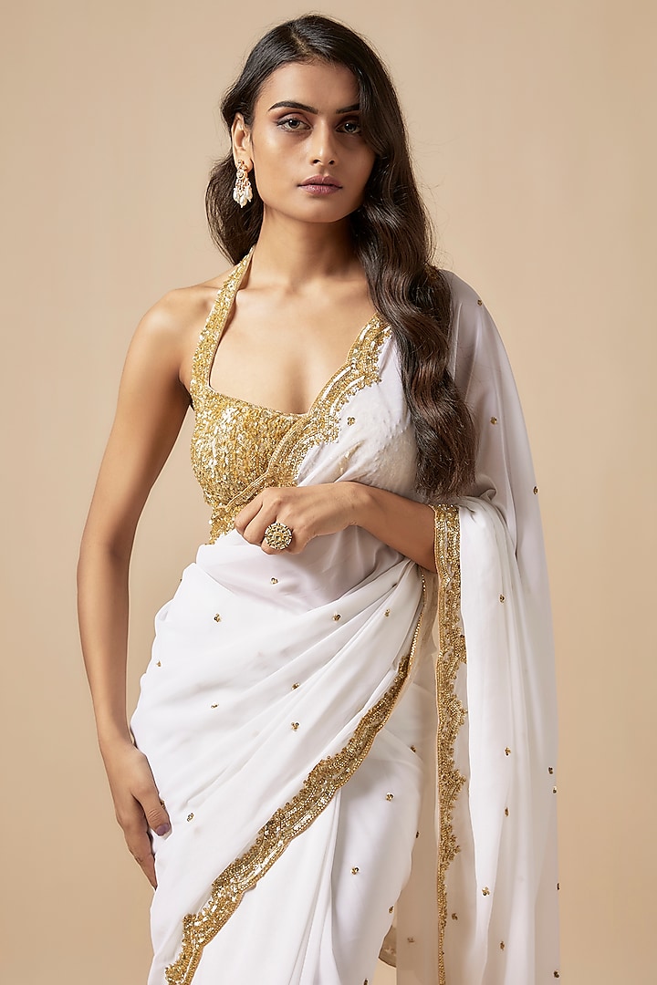 Ivory Georgette Cutdana Embroidered Wedding Saree Set by Kashmiraa at Pernia's Pop Up Shop