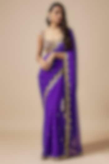 Purple Georgette Cutdana Embroidered Saree Set by Kashmiraa