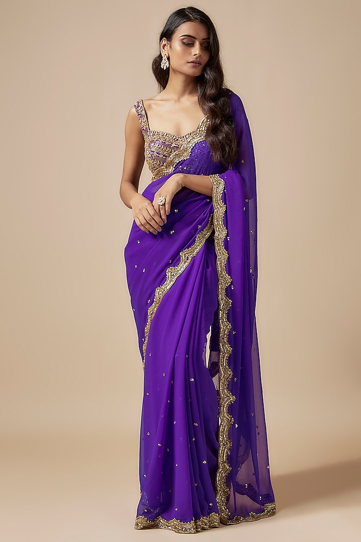 Purple Georgette Cutdana Embroidered Saree Set by Kashmiraa