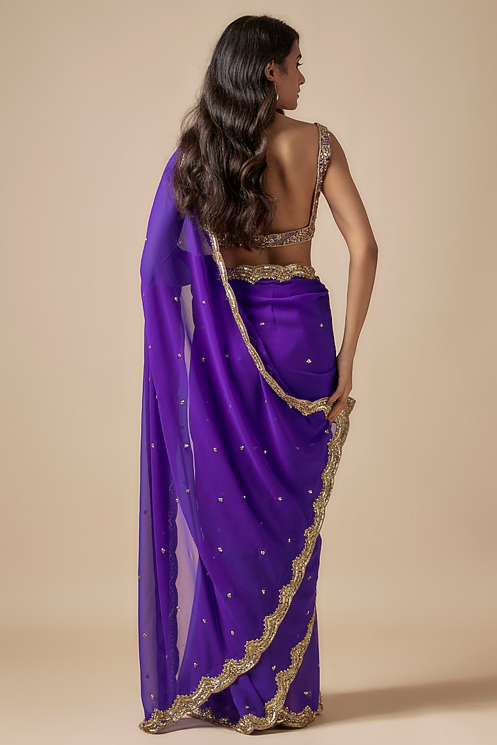 Purple Georgette Cutdana Embroidered Wedding Saree Set by Kashmiraa at Pernia's Pop Up Shop