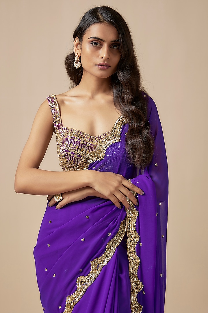 Purple Georgette Cutdana Embroidered Wedding Saree Set by Kashmiraa at Pernia's Pop Up Shop
