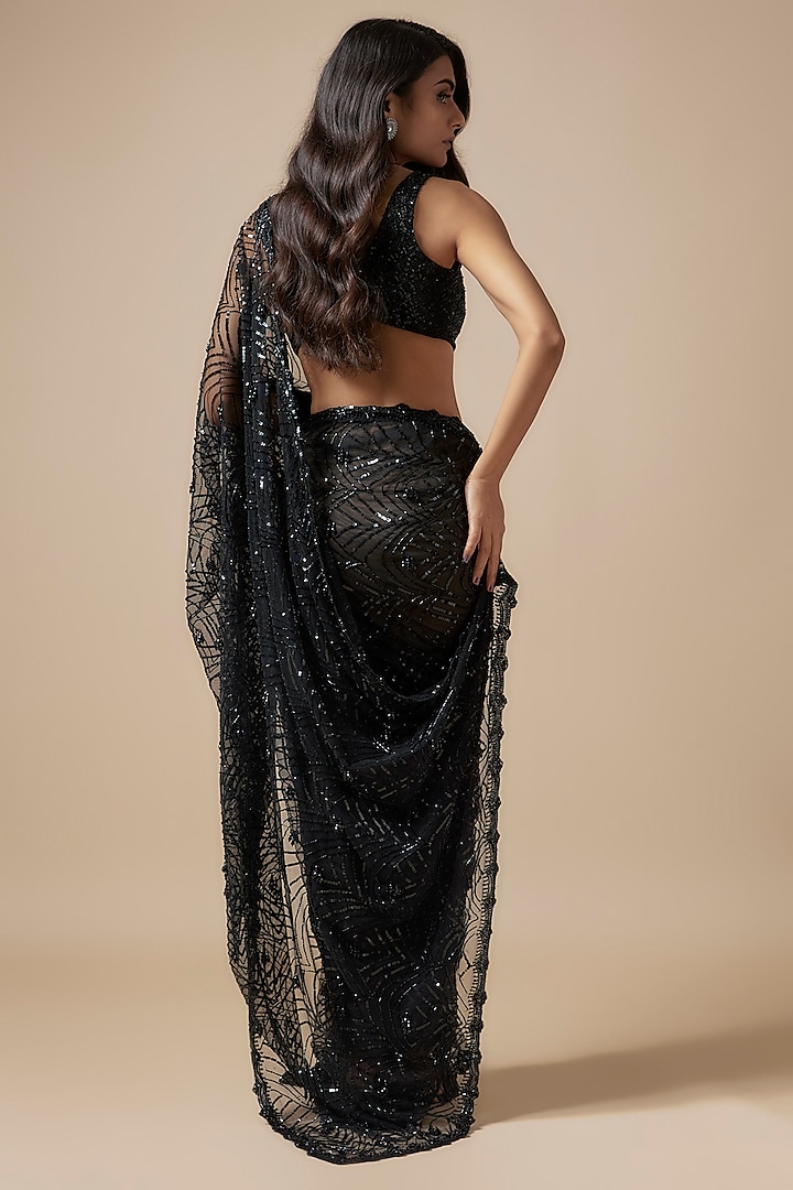 Black Net Cutdana Embroidered Reception Saree Set by Kashmiraa at Pernia's Pop Up Shop
