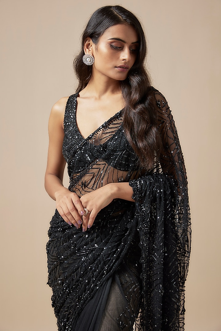 Black Net Cutdana Embroidered Reception Saree Set by Kashmiraa at Pernia's Pop Up Shop
