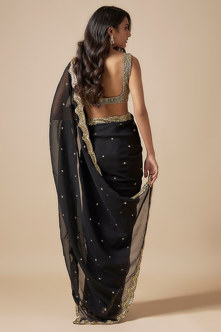 Black Georgette Cutdana Embroidered Wedding Saree Set by Kashmiraa at Pernia's Pop Up Shop