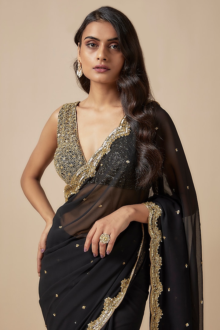 Black Georgette Cutdana Embroidered Wedding Saree Set by Kashmiraa at Pernia's Pop Up Shop