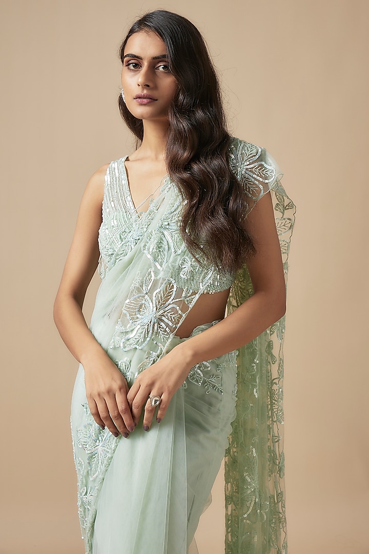 Green Net Cutdana Embroidered Wedding Saree Set by Kashmiraa at Pernia's Pop Up Shop