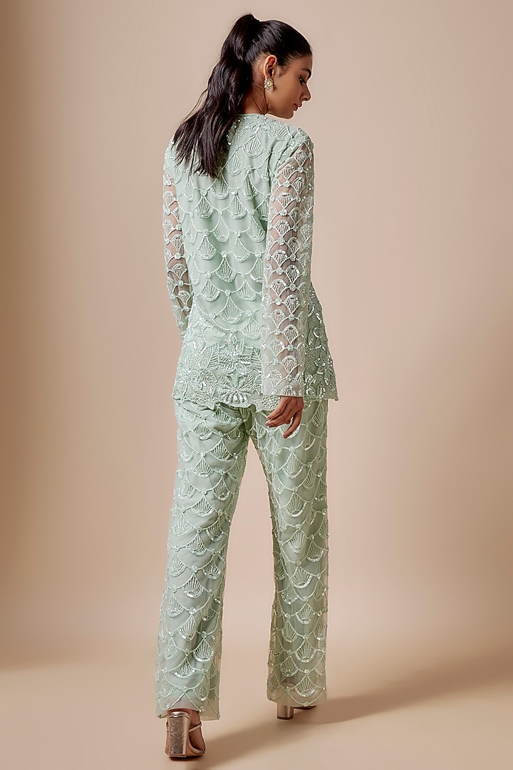 Green Net Cutdana Hand Embellished Kurta Set by Kashmiraa at Pernia's Pop Up Shop