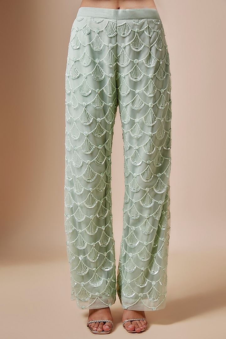 Green Net Cutdana Hand Embellished Kurta Set by Kashmiraa at Pernia's Pop Up Shop