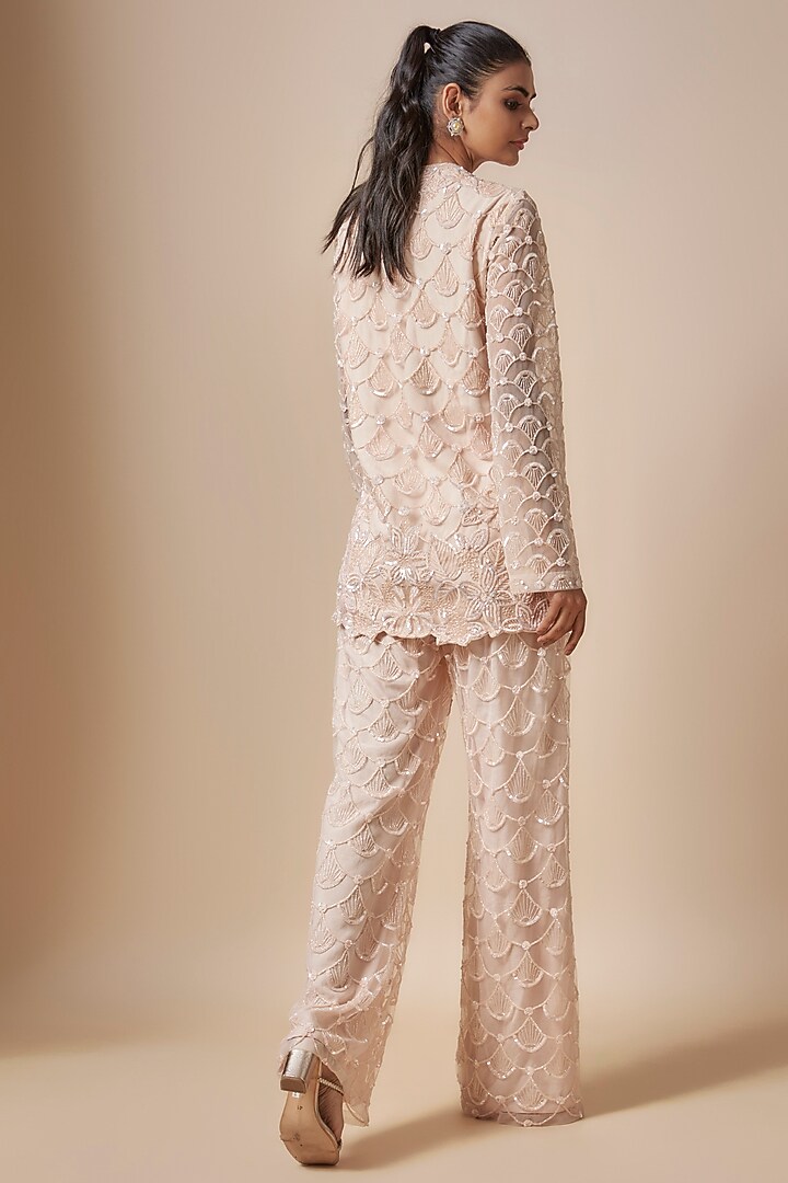 Peach Net Cutdana Hand Embellished Kurta Set by Kashmiraa at Pernia's Pop Up Shop