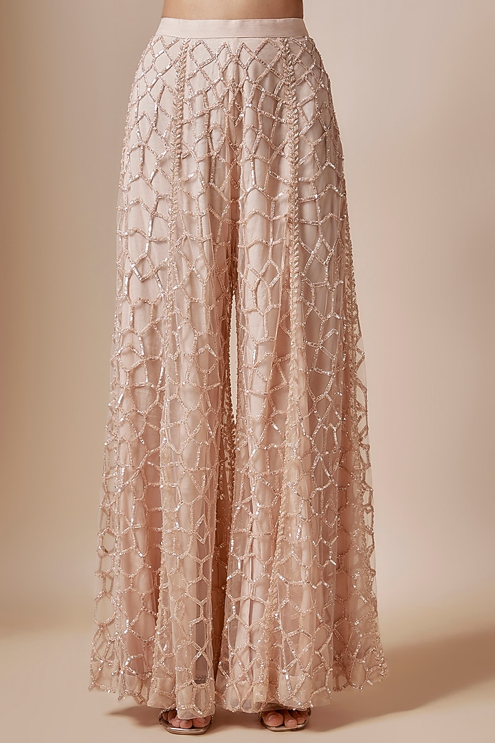 Beige Net Cutdana Hand Embellished Bridal Sharara Set by Kashmiraa at Pernia's Pop Up Shop