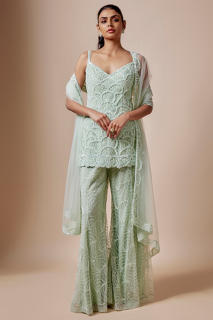 Green Net Cutdana Hand Embellished Bridal Sharara Set by Kashmiraa at Pernia's Pop Up Shop
