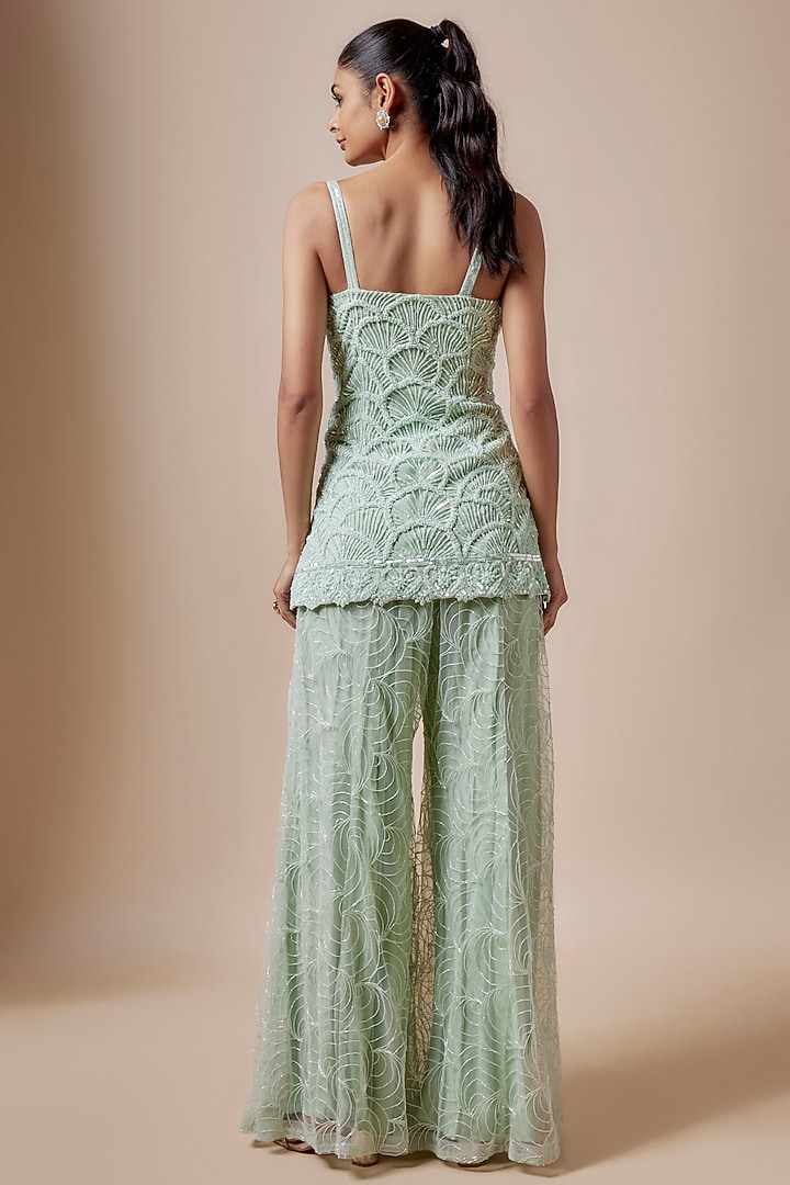 Green Net Cutdana Hand Embellished Bridal Sharara Set by Kashmiraa at Pernia's Pop Up Shop