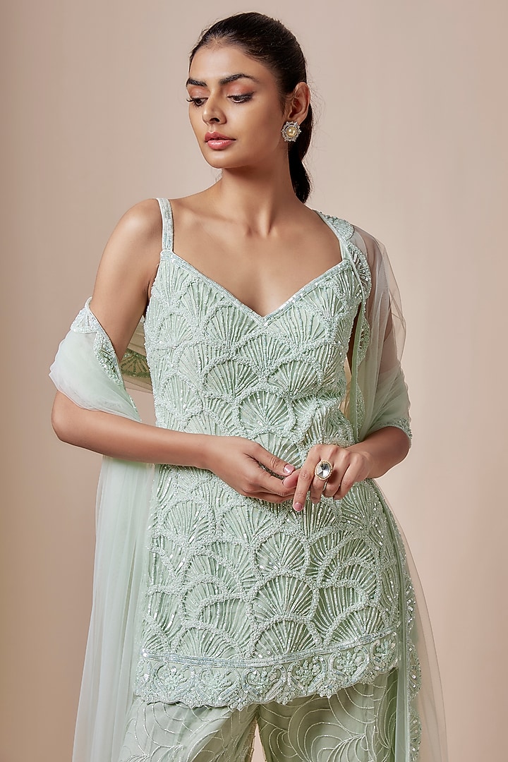 Green Net Cutdana Hand Embellished Bridal Sharara Set by Kashmiraa at Pernia's Pop Up Shop