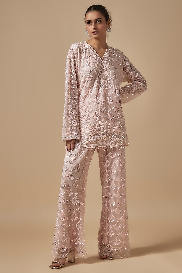 Pink Net Cutdana Embroidered Kurta Set by Kashmiraa at Pernia's Pop Up Shop