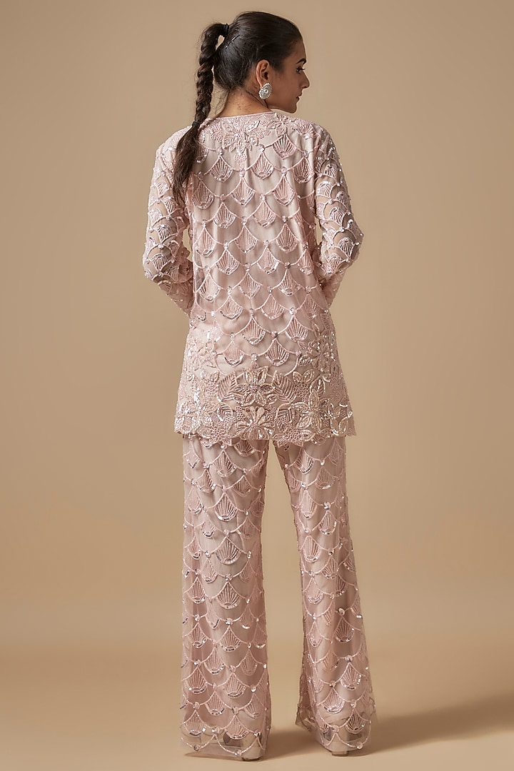Pink Net Cutdana Embroidered Kurta Set by Kashmiraa at Pernia's Pop Up Shop