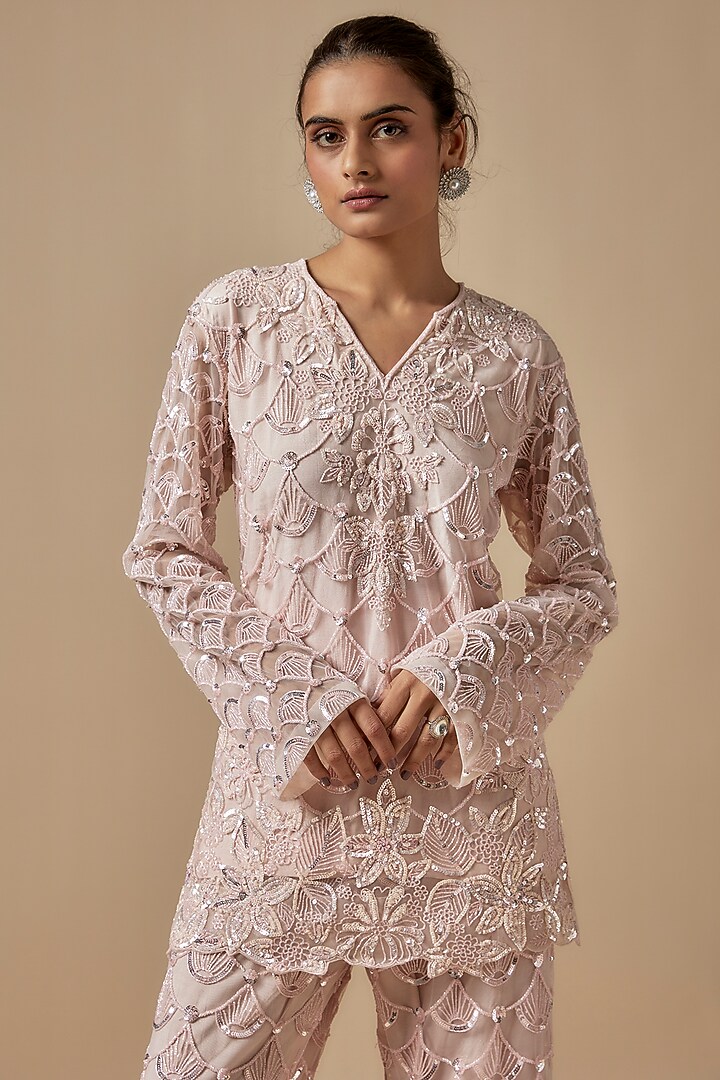 Pink Net Cutdana Embroidered Kurta Set by Kashmiraa at Pernia's Pop Up Shop