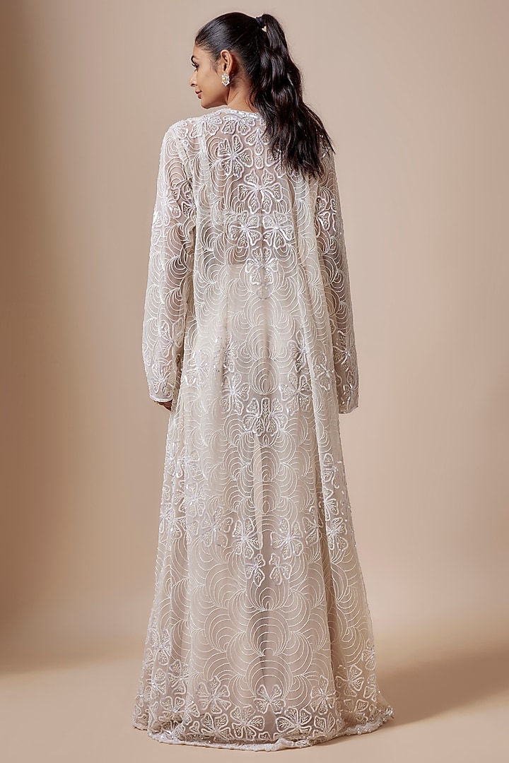Ivory Net Cutdana Hand Embellished Cape Set by Kashmiraa at Pernia's Pop Up Shop