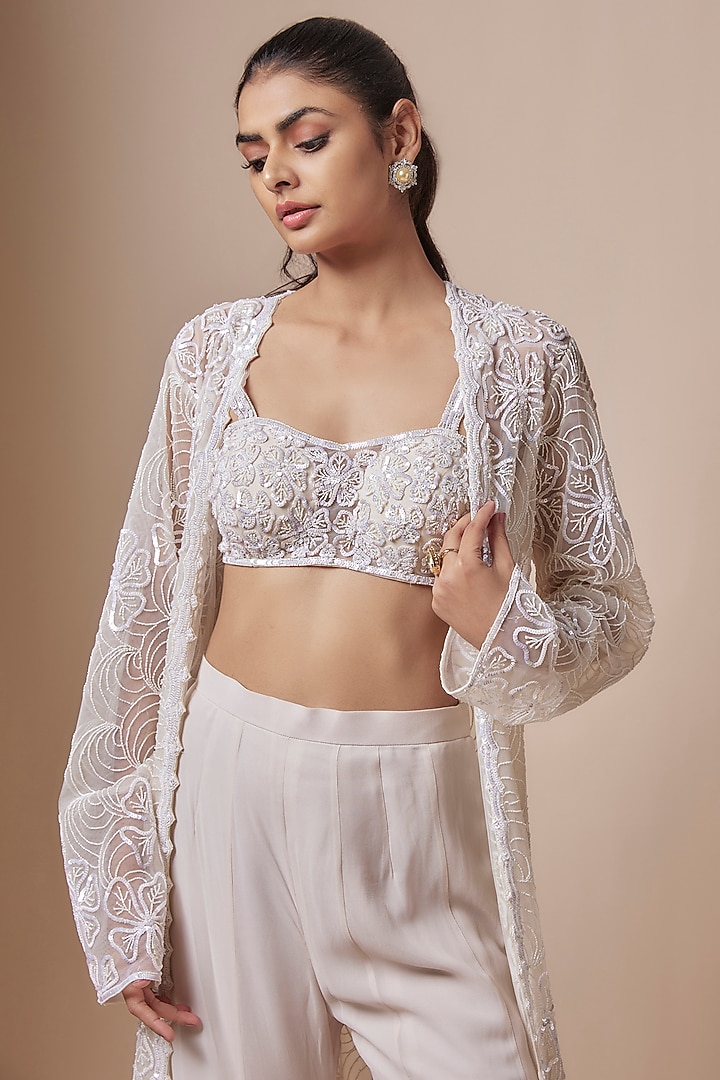 Ivory Net Cutdana Hand Embellished Cape Set by Kashmiraa at Pernia's Pop Up Shop
