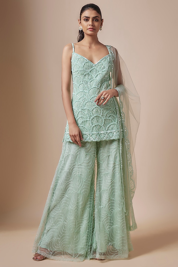 Green Net Cutdana Hand Embellished Bridal Sharara Set by Kashmiraa at Pernia's Pop Up Shop