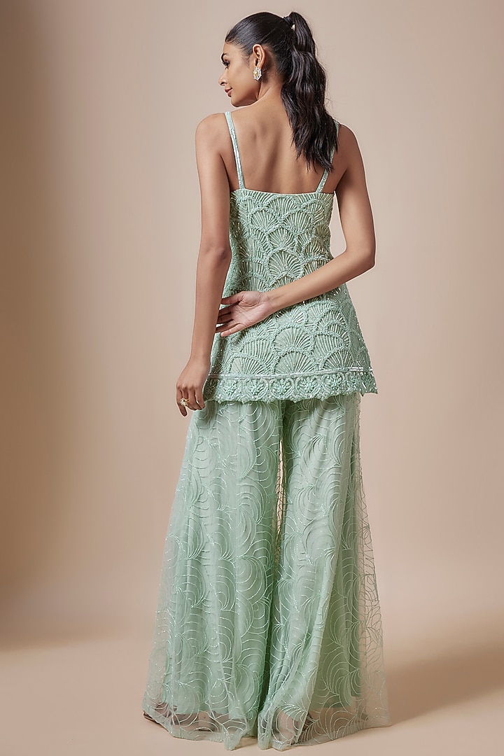 Green Net Cutdana Hand Embellished Bridal Sharara Set by Kashmiraa at Pernia's Pop Up Shop