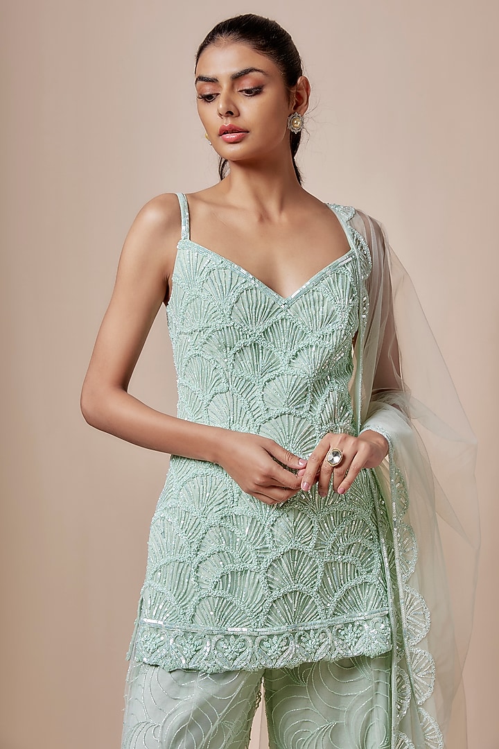 Green Net Cutdana Hand Embellished Bridal Sharara Set by Kashmiraa at Pernia's Pop Up Shop