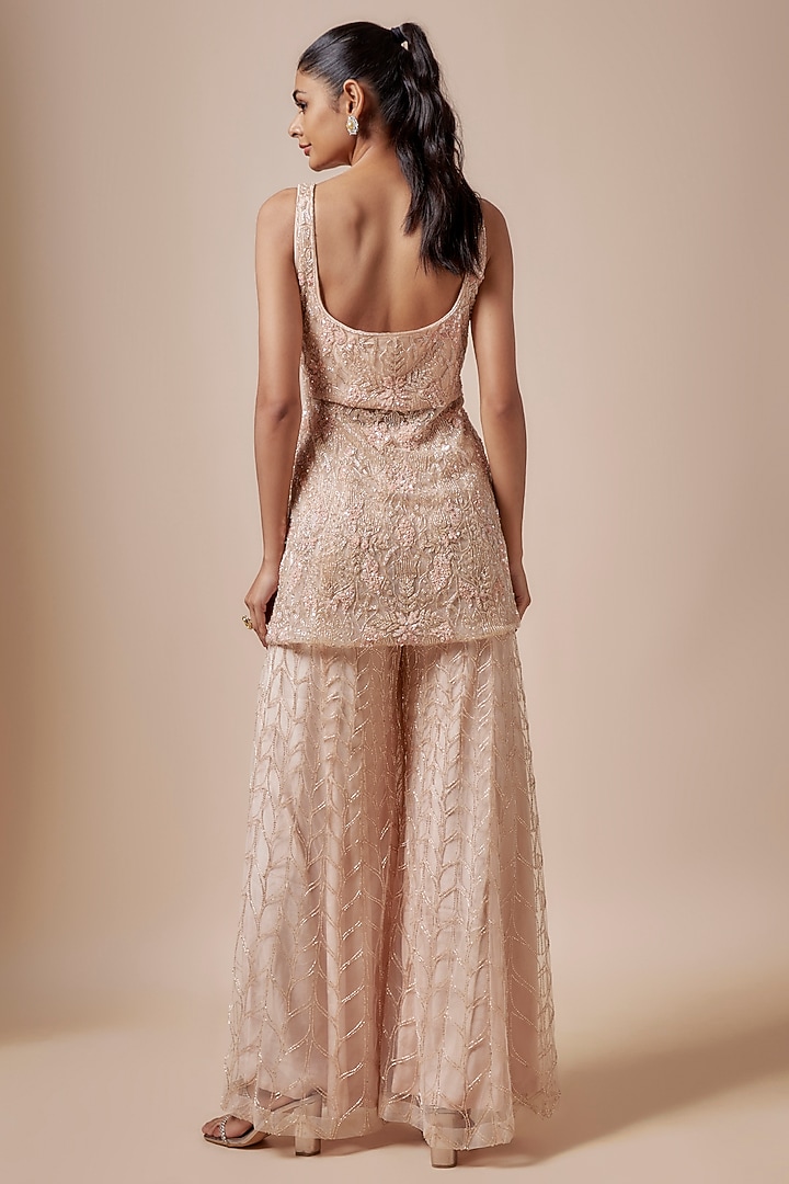 Beige Net Cutdana Hand Embellished Bridal Sharara Set by Kashmiraa at Pernia's Pop Up Shop
