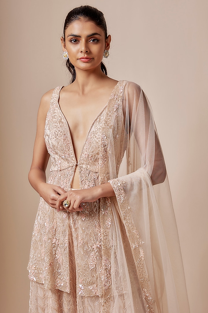 Beige Net Cutdana Hand Embellished Bridal Sharara Set by Kashmiraa at Pernia's Pop Up Shop